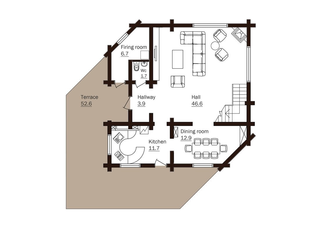 Una casa a tre piani in legno cilindrato 