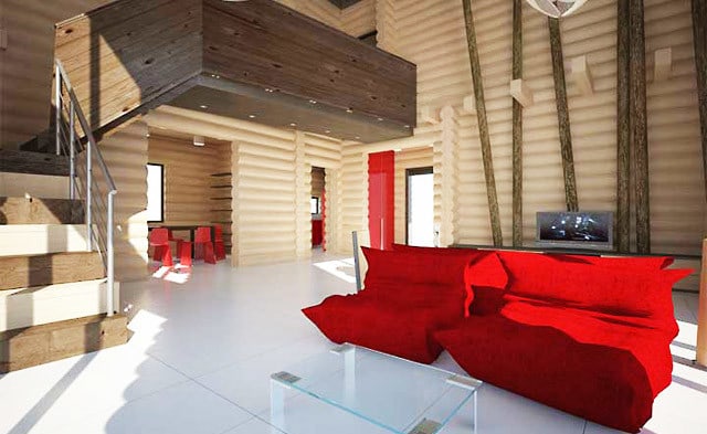 Una casa a tre piani in legno cilindrato 