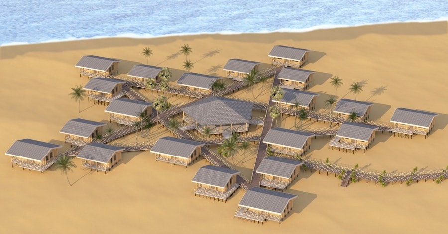 Costruzione di alberghi, hotel, progetti Bungalow di legno di 50 mq. - per i turisti in mare  